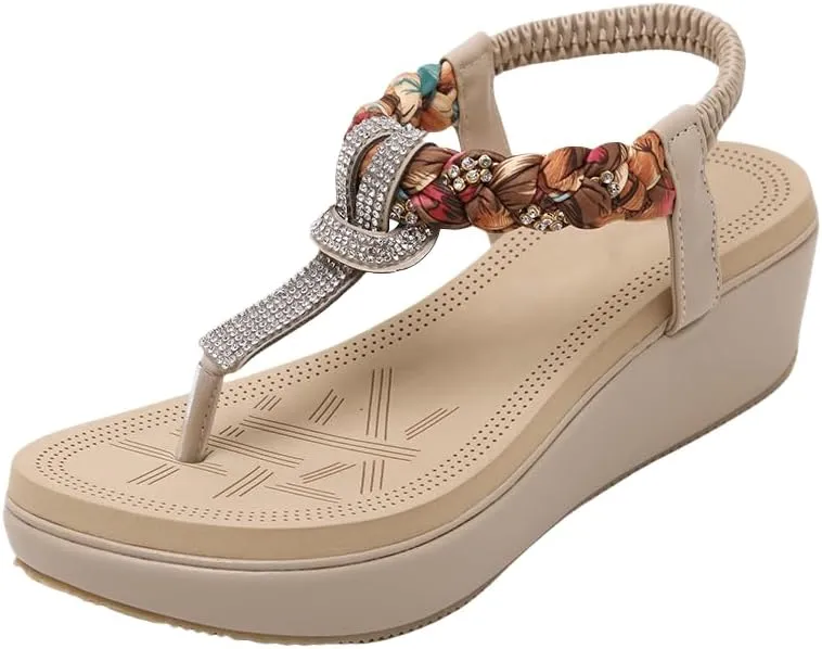 Womens Sandals Shoes Comfort Walking with Non Slip on Casual Summer Beach Shoes Dress Ankle Elastic Jeweled Ethnic Style Wedges