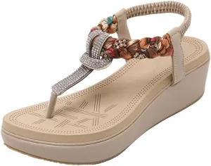 Womens Sandals Shoes Comfort Walking with Non Slip on Casual Summer Beach Shoes Dress Ankle Elastic Jeweled Ethnic Style Wedges