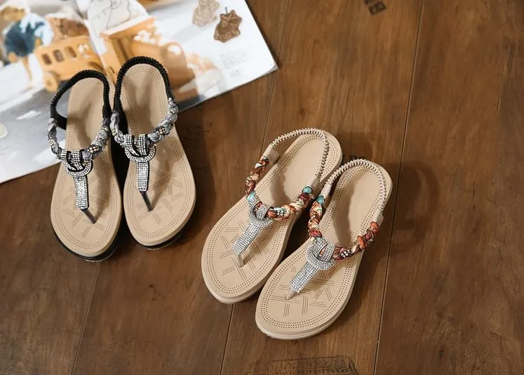Womens Sandals Shoes Comfort Walking with Non Slip on Casual Summer Beach Shoes Dress Ankle Elastic Jeweled Ethnic Style Wedges
