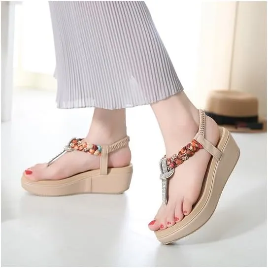 Womens Sandals Shoes Comfort Walking with Non Slip on Casual Summer Beach Shoes Dress Ankle Elastic Jeweled Ethnic Style Wedges