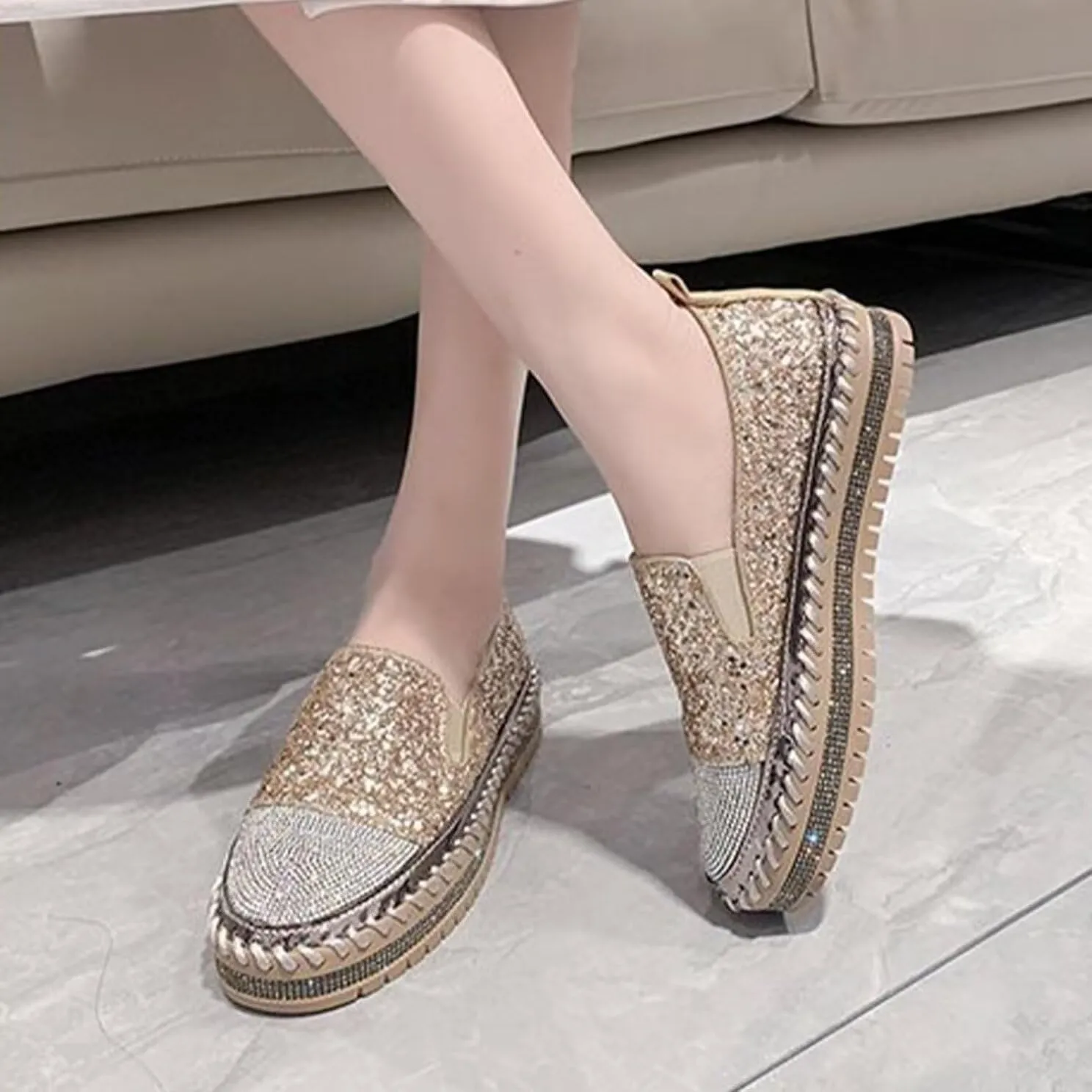 Women's Sneakers Rhinestones Glitter Platform Slip On Casual Cute Bowknot Shiny Walking Shoes Comfortable Dress Flat Loafers