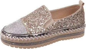Women's Sneakers Rhinestones Glitter Platform Slip On Casual Cute Bowknot Shiny Walking Shoes Comfortable Dress Flat Loafers