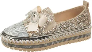 Women's Sneakers Rhinestones Glitter Platform Slip On Casual Cute Bowknot Shiny Walking Shoes Comfortable Dress Flat Loafers