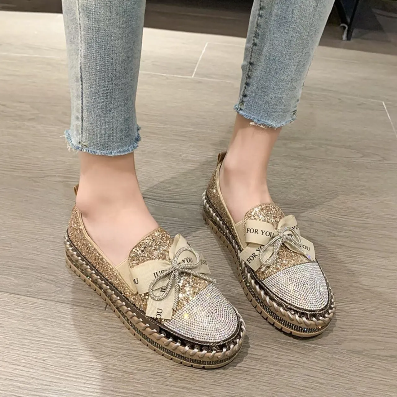 Women's Sneakers Rhinestones Glitter Platform Slip On Casual Cute Bowknot Shiny Walking Shoes Comfortable Dress Flat Loafers