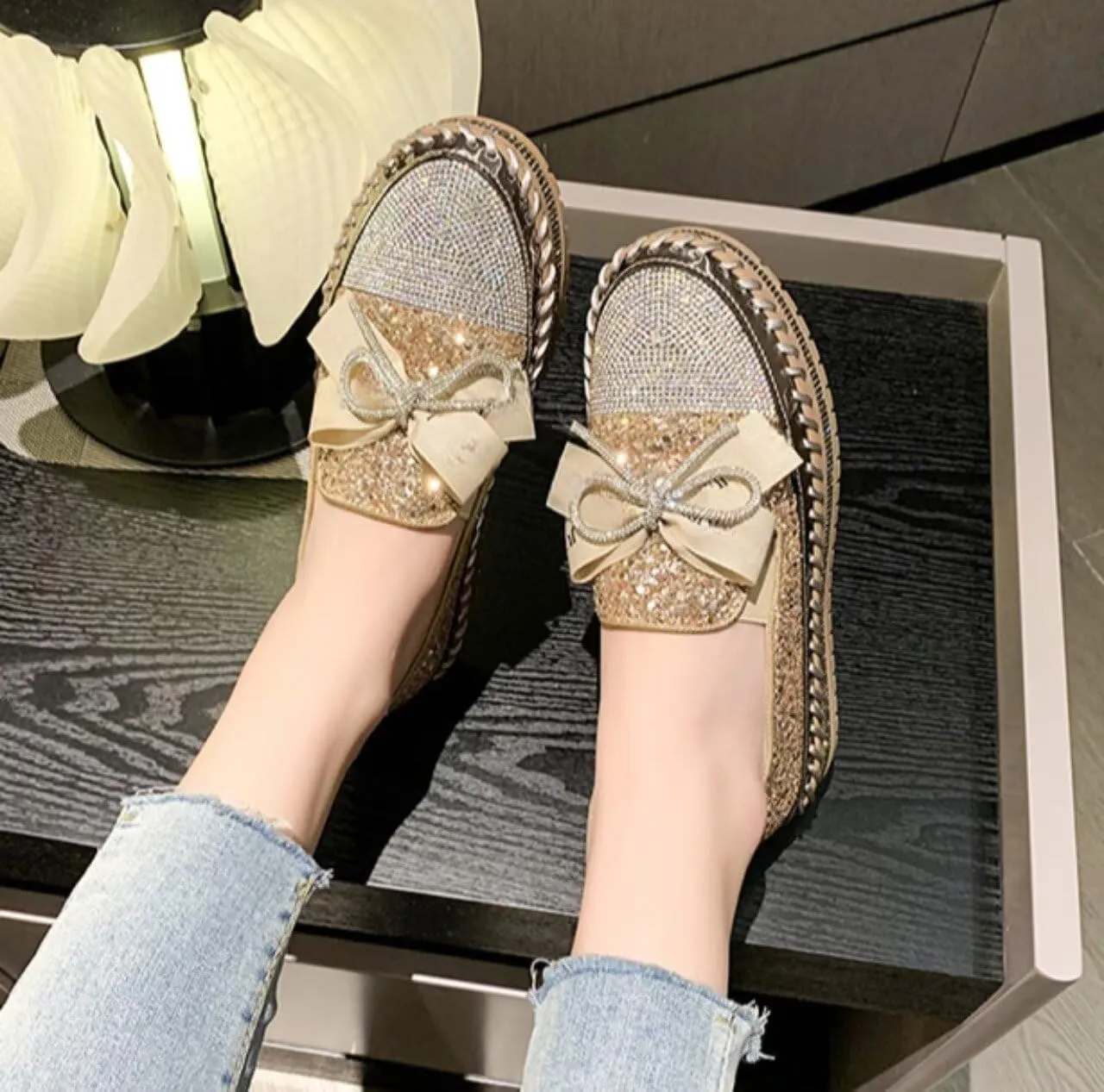 Women's Sneakers Rhinestones Glitter Platform Slip On Casual Cute Bowknot Shiny Walking Shoes Comfortable Dress Flat Loafers