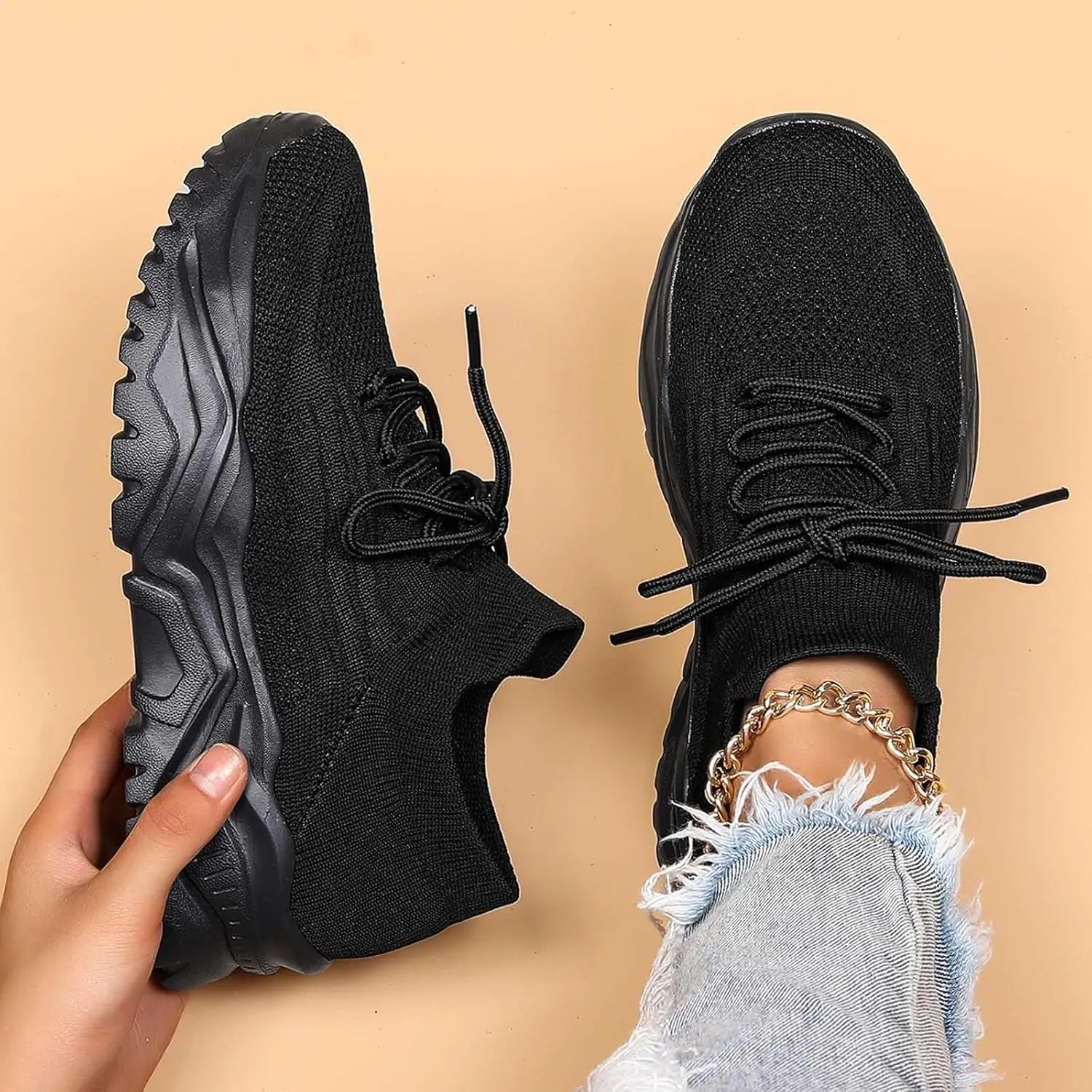 Women's Solid Color Fashion Four Season Lace Up Sneakers Solid Color Flying Woven Running Shoes Women's Water Shoes