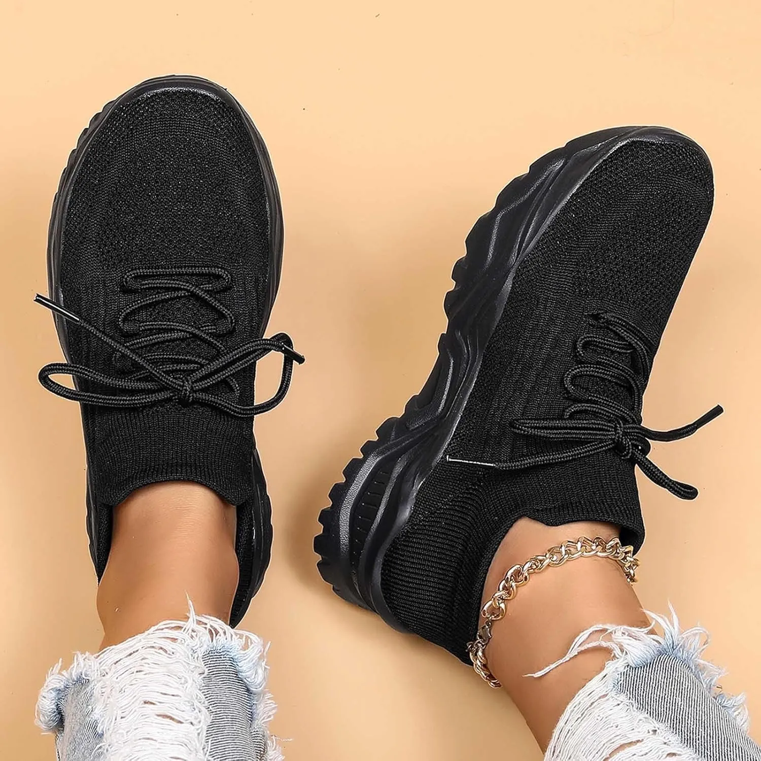 Women's Solid Color Fashion Four Season Lace Up Sneakers Solid Color Flying Woven Running Shoes Women's Water Shoes