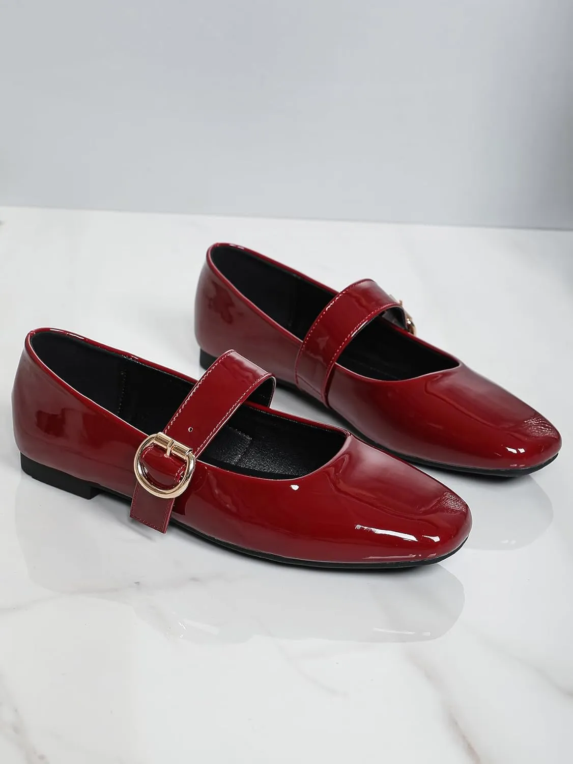Women's Square Toe Mary Jane Flats Comfortable Leather Ballet Flats with Buckle Strap Dressy Low Wedge Mary Janes for Women Casual Dating Party Work Shoes