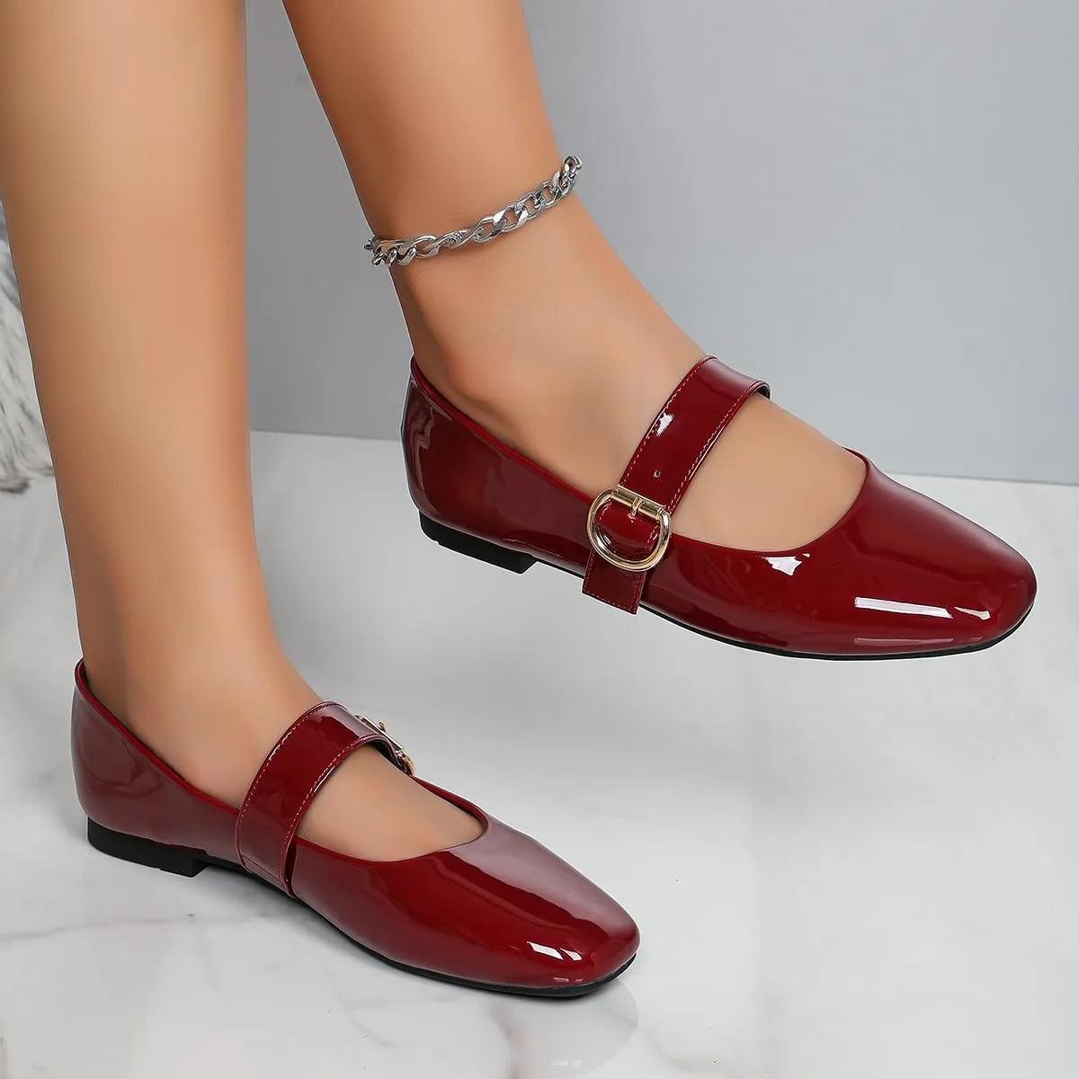 Women's Square Toe Mary Jane Flats Comfortable Leather Ballet Flats with Buckle Strap Dressy Low Wedge Mary Janes for Women Casual Dating Party Work Shoes