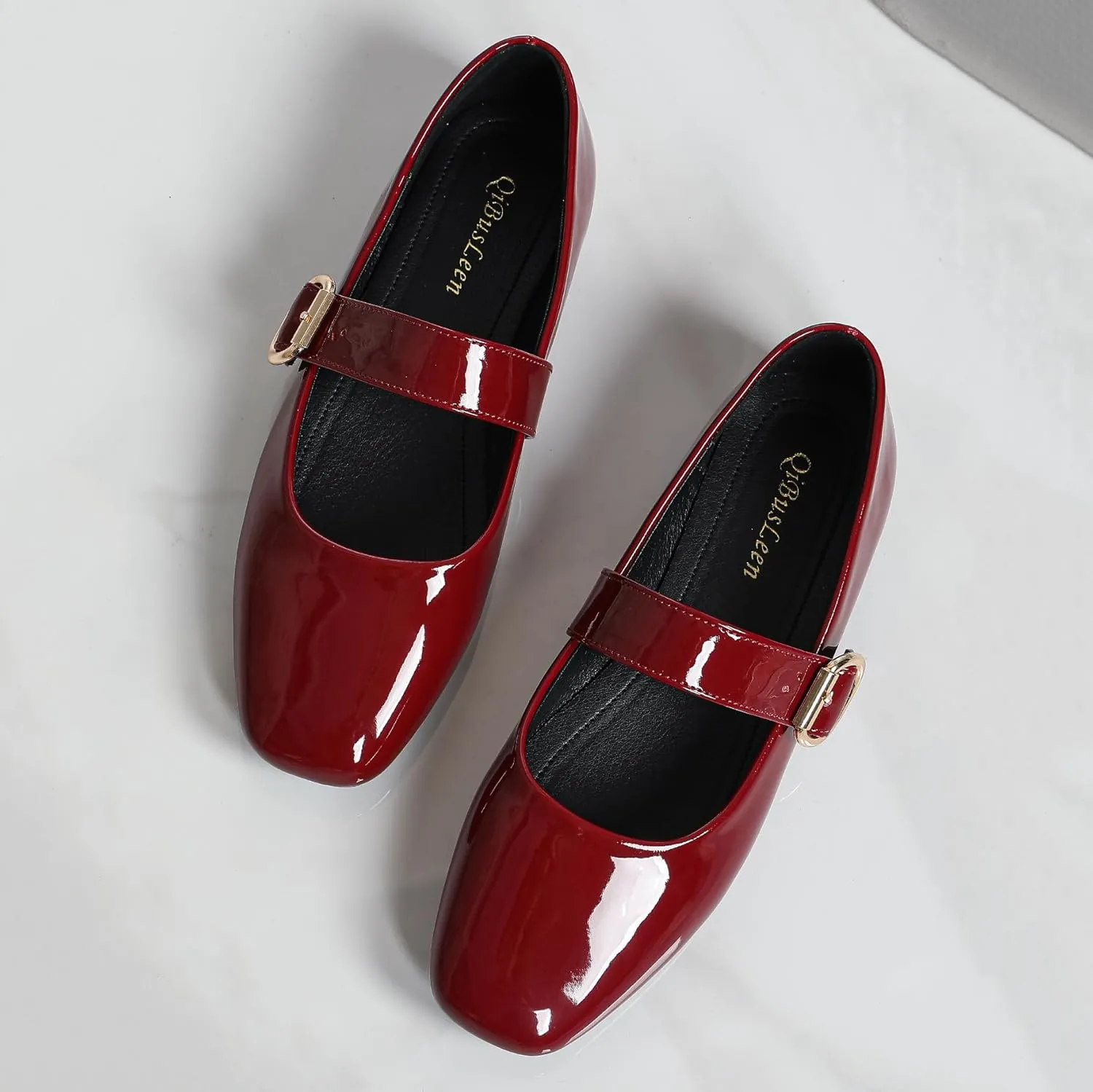 Women's Square Toe Mary Jane Flats Comfortable Leather Ballet Flats with Buckle Strap Dressy Low Wedge Mary Janes for Women Casual Dating Party Work Shoes