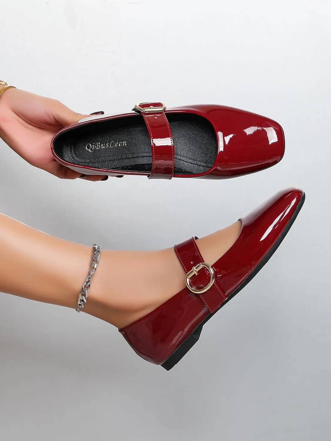 Women's Square Toe Mary Jane Flats Comfortable Leather Ballet Flats with Buckle Strap Dressy Low Wedge Mary Janes for Women Casual Dating Party Work Shoes