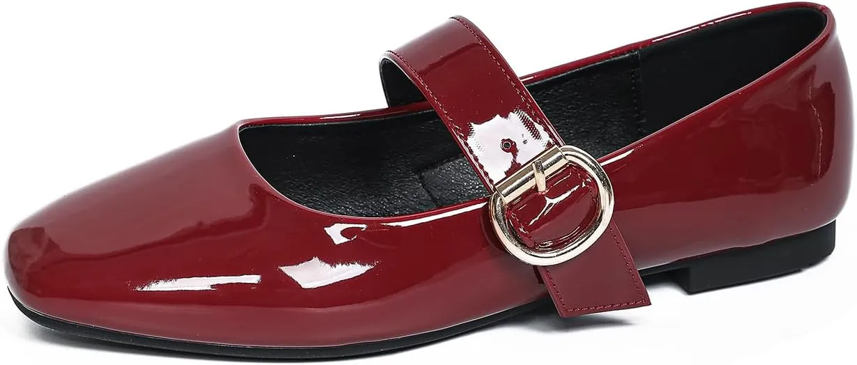 Women's Square Toe Mary Jane Flats Comfortable Leather Ballet Flats with Buckle Strap Dressy Low Wedge Mary Janes for Women Casual Dating Party Work Shoes