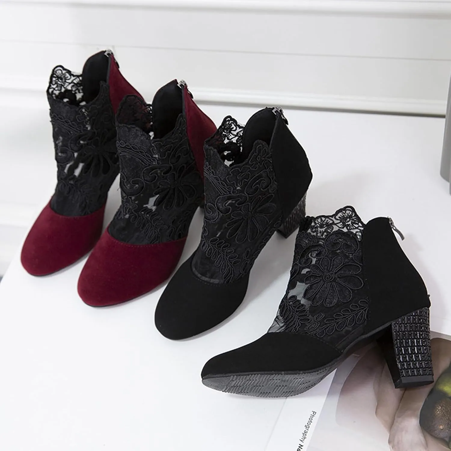 Women's Summer Elegant Lace High Heels,Embroidered Mesh Platform Heel Sandals with Back Zipper,Floral Chunky Sandals Ankle Boots,Ladies Fashion Sexy Suede Platform Heel Pumps Shoes(Black,11-42)