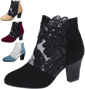 Women's Summer Elegant Lace High Heels,Embroidered Mesh Platform Heel Sandals with Back Zipper,Floral Chunky Sandals Ankle Boots,Ladies Fashion Sexy Suede Platform Heel Pumps Shoes(Black,11-42)
