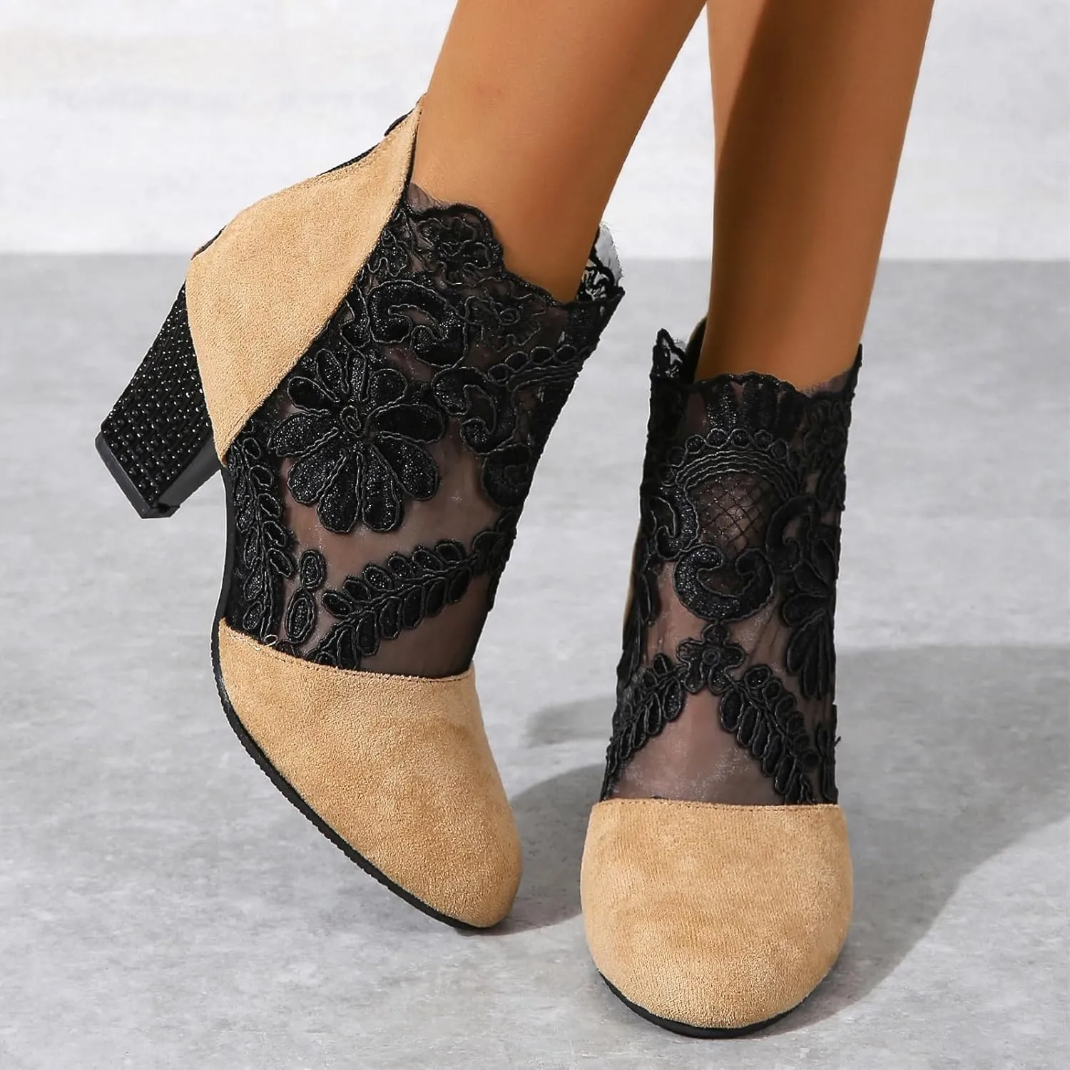 Women's Summer Elegant Lace High Heels,Embroidered Mesh Platform Heel Sandals with Back Zipper,Floral Chunky Sandals Ankle Boots,Ladies Fashion Sexy Suede Platform Heel Pumps Shoes(Black,11-42)