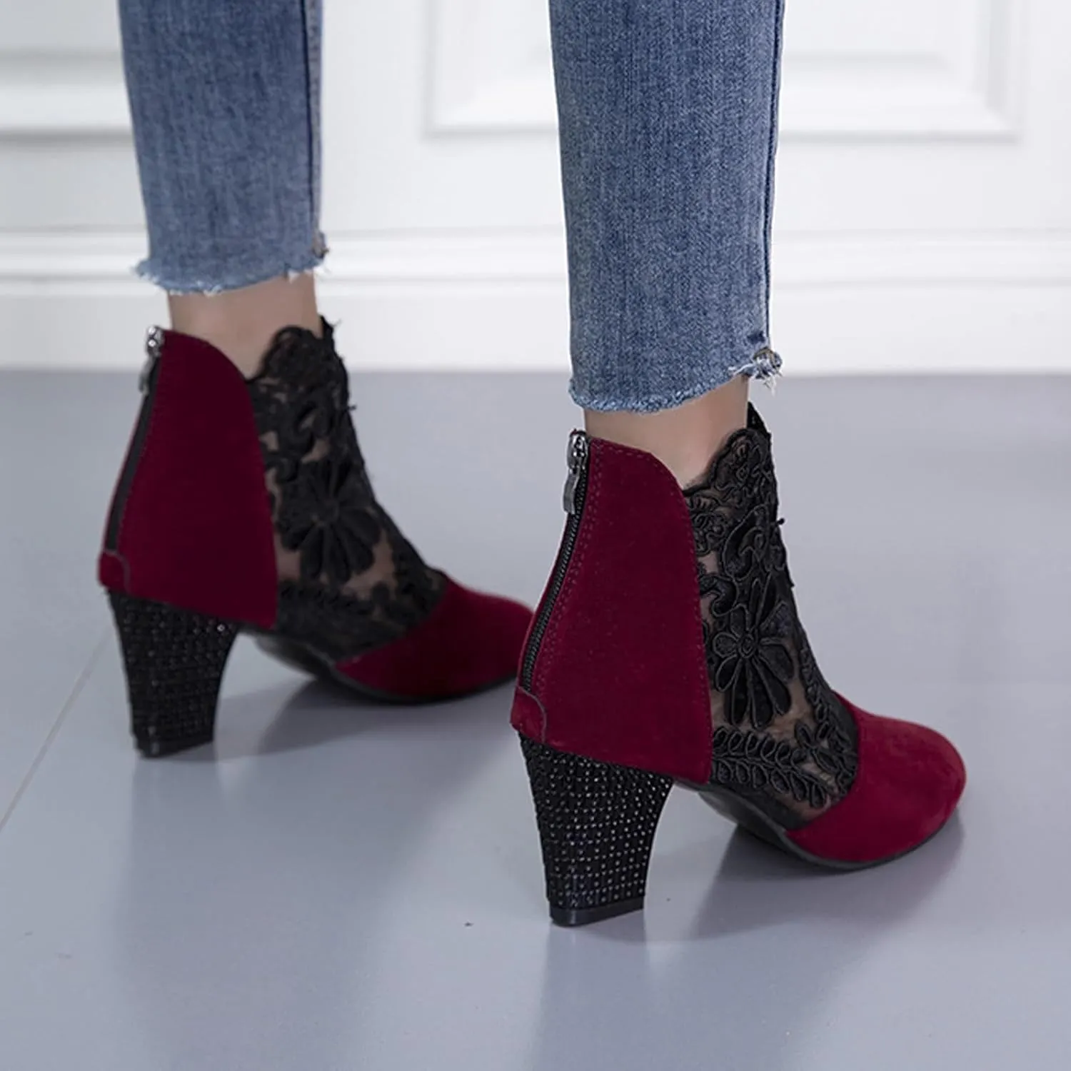 Women's Summer Elegant Lace High Heels,Embroidered Mesh Platform Heel Sandals with Back Zipper,Floral Chunky Sandals Ankle Boots,Ladies Fashion Sexy Suede Platform Heel Pumps Shoes(Black,11-42)