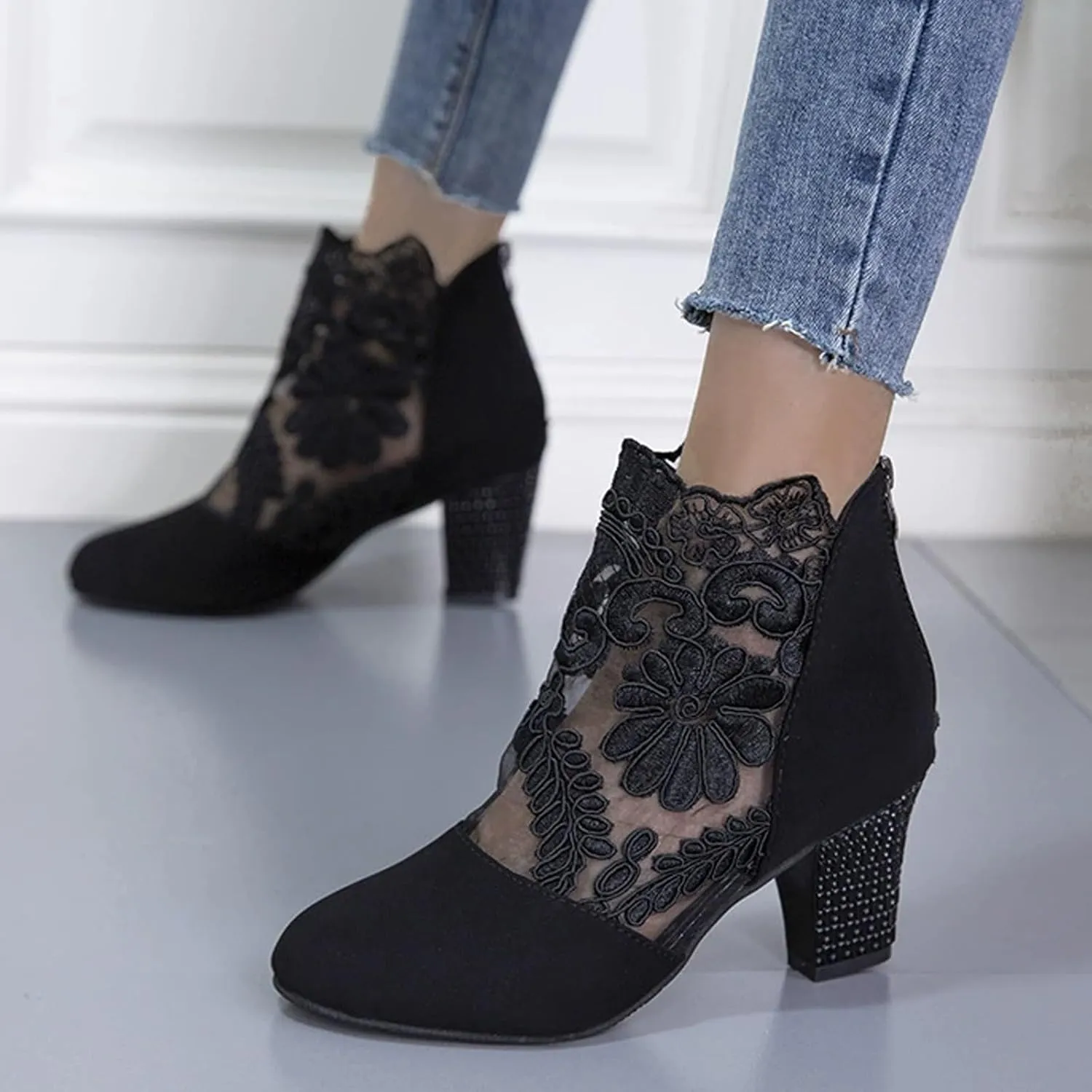 Women's Summer Elegant Lace High Heels,Embroidered Mesh Platform Heel Sandals with Back Zipper,Floral Chunky Sandals Ankle Boots,Ladies Fashion Sexy Suede Platform Heel Pumps Shoes(Black,11-42)