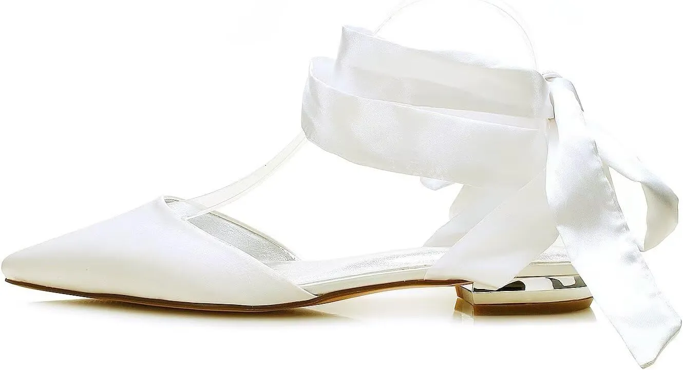 Women's Wedding Flats for Bride Pointed Toe Satin Ribbon Tie Bridal Shoes