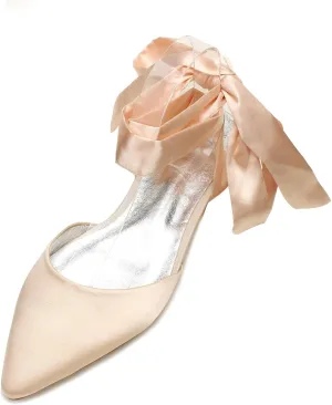 Women's Wedding Flats for Bride Pointed Toe Satin Ribbon Tie Bridal Shoes