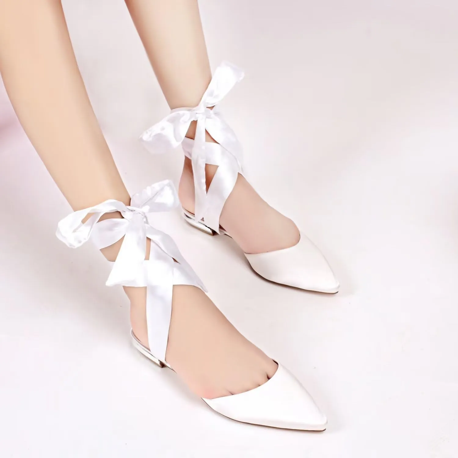 Women's Wedding Flats for Bride Pointed Toe Satin Ribbon Tie Bridal Shoes