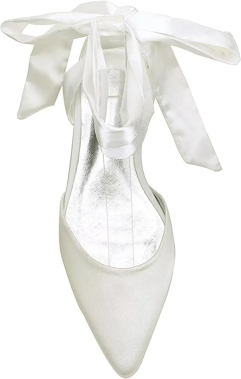 Women's Wedding Flats for Bride Pointed Toe Satin Ribbon Tie Bridal Shoes