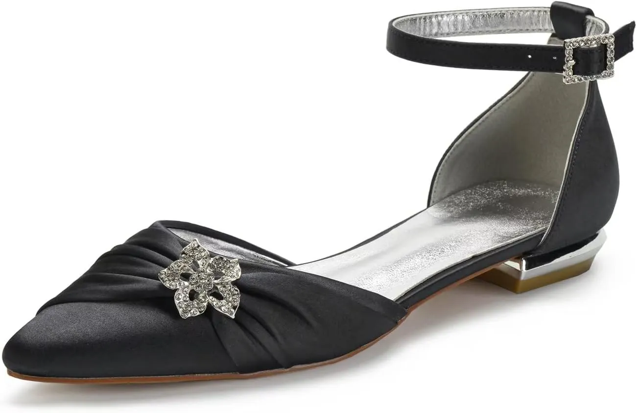 Women's Wedding Shoes for Bride Flats Pointed Toe Pumps Rhinestones Satin Ankle Strap Bridal Shoes