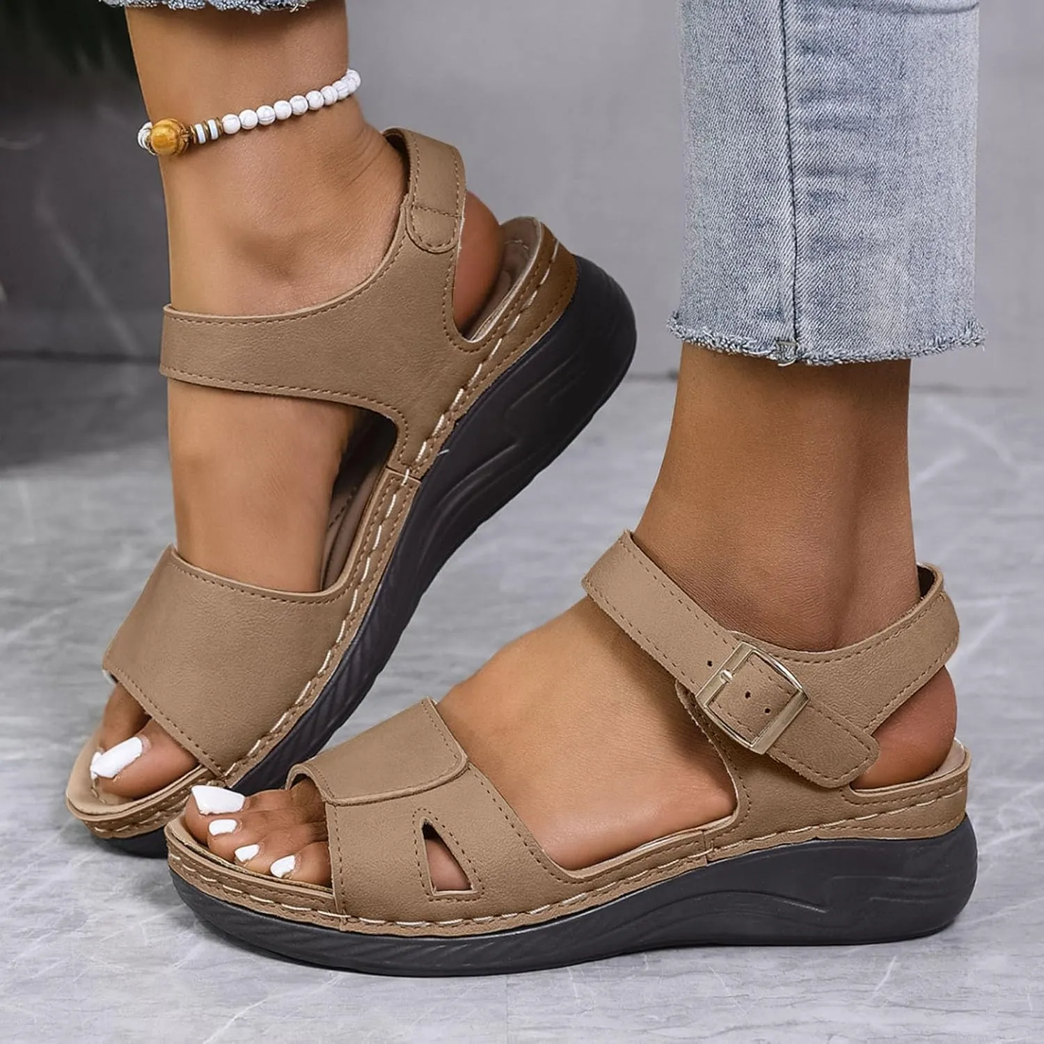 Womens Wedge Sandals Thick Soled Women's Shoes Fashionable Retro Outdoor Wear Hollow Fish Mouth Outdoor Wear Sandals
