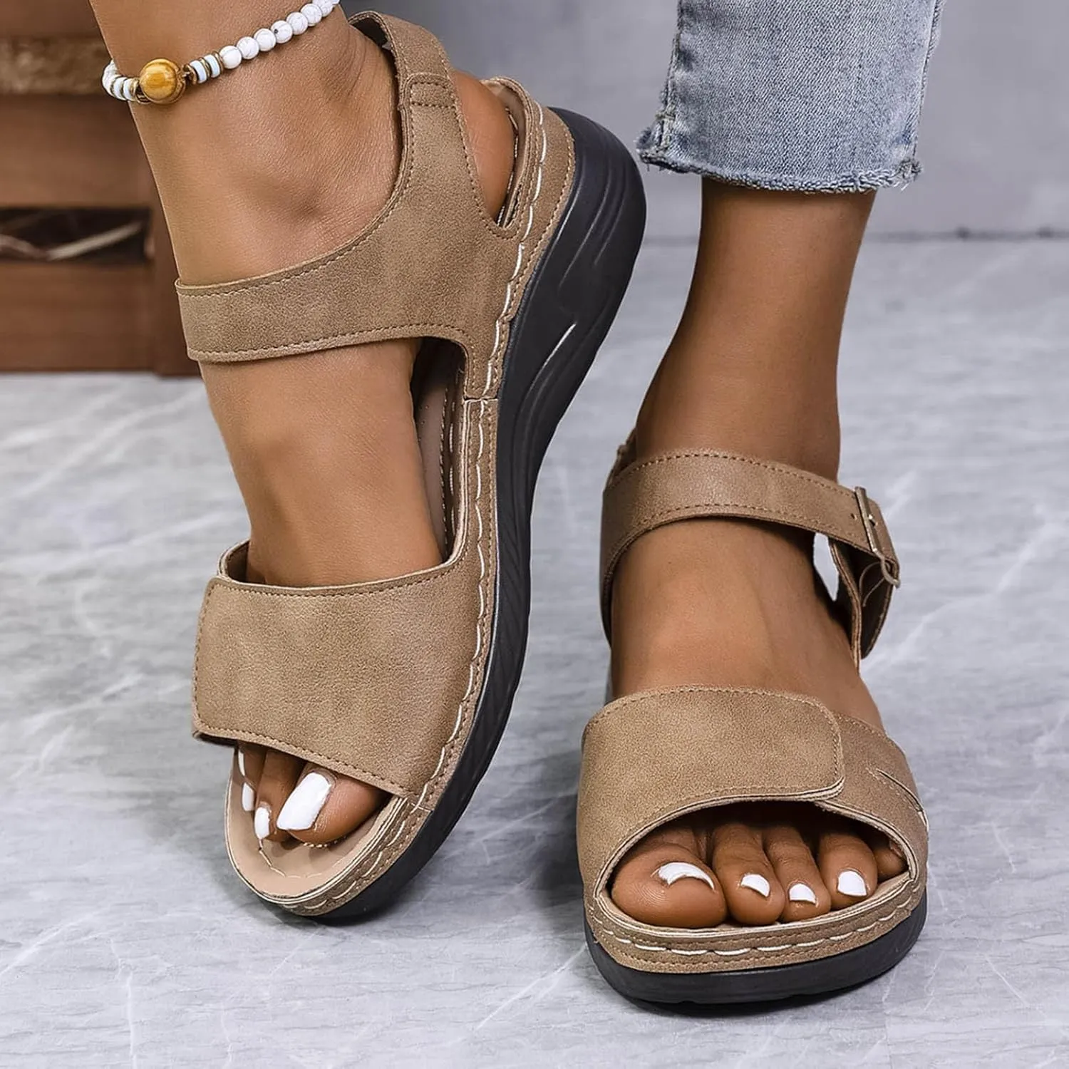 Womens Wedge Sandals Thick Soled Women's Shoes Fashionable Retro Outdoor Wear Hollow Fish Mouth Outdoor Wear Sandals
