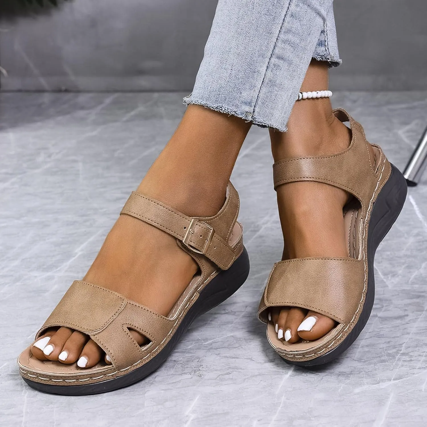 Womens Wedge Sandals Thick Soled Women's Shoes Fashionable Retro Outdoor Wear Hollow Fish Mouth Outdoor Wear Sandals