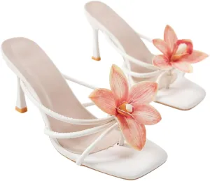 Women's White Leather High Heel Sandals - Floral Accent Square Toe Sandals with Pearl Anklet - Elegant Wedding & Party Shoes