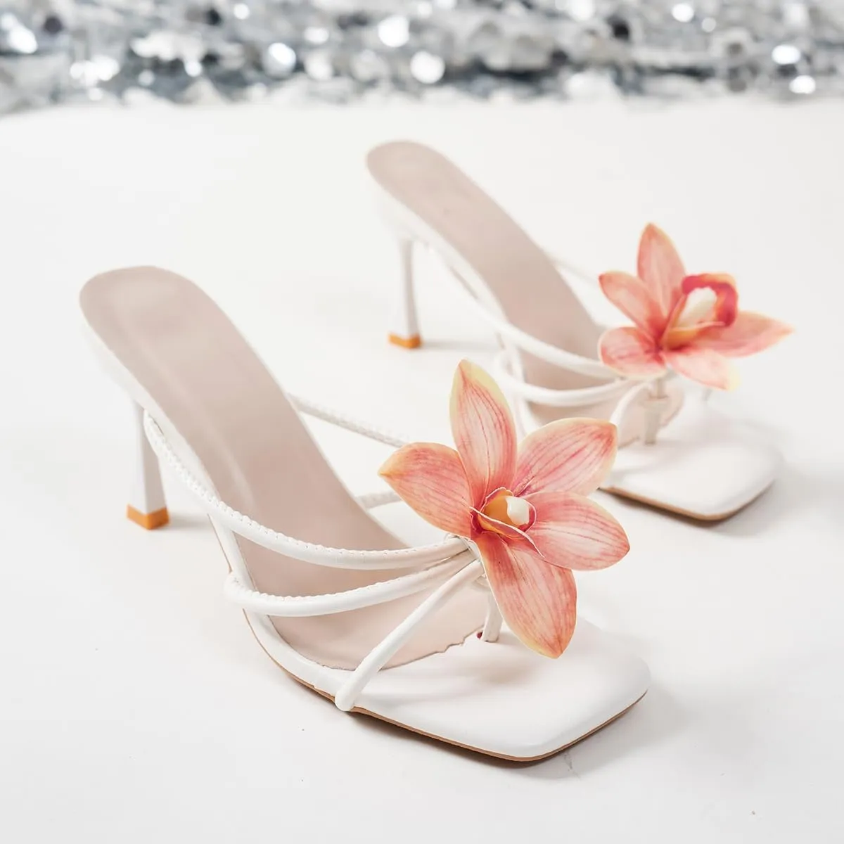 Women's White Leather High Heel Sandals - Floral Accent Square Toe Sandals with Pearl Anklet - Elegant Wedding & Party Shoes