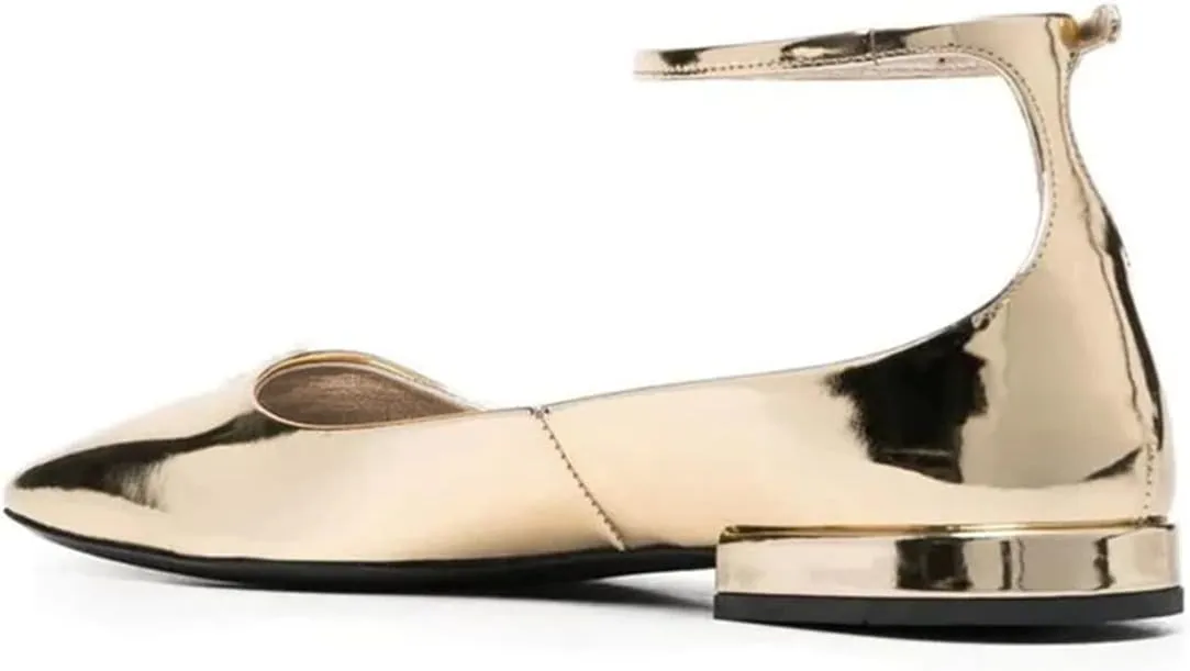 XYD Women Girls Closed Square Toe Flats Ankle Skinny Strap Buckle Glossy Chic Low Heel Casual Dress Shoes