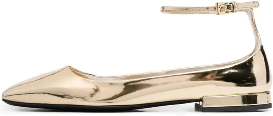 XYD Women Girls Closed Square Toe Flats Ankle Skinny Strap Buckle Glossy Chic Low Heel Casual Dress Shoes