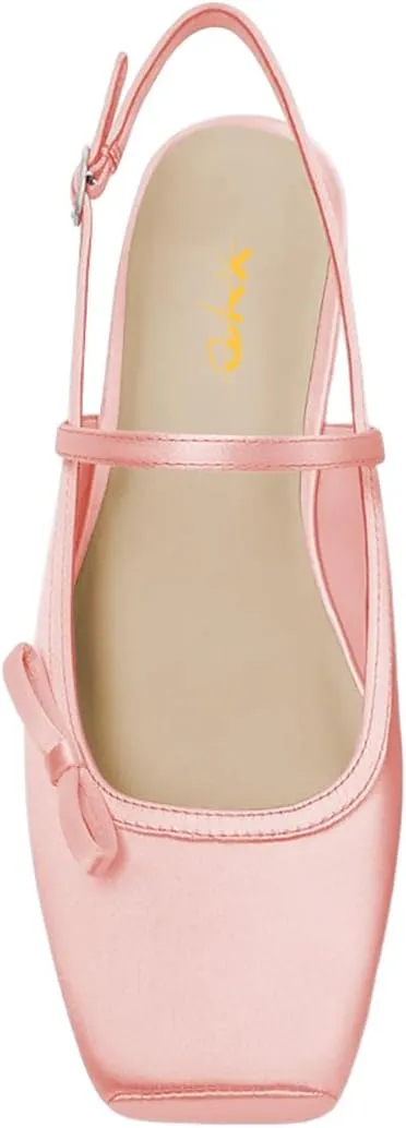XYD Women Square Toe Slingback Sandals Ballet Flat Bowknot Slender Straps Slip-on Dressy Casual Shoes