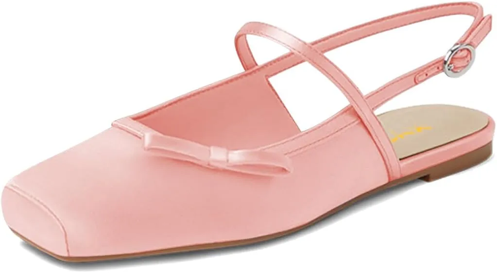 XYD Women Square Toe Slingback Sandals Ballet Flat Bowknot Slender Straps Slip-on Dressy Casual Shoes
