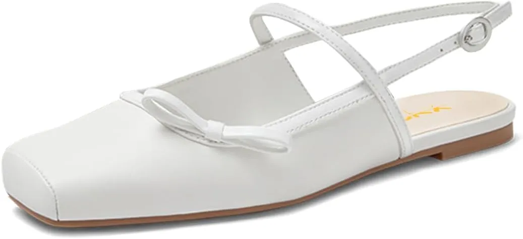 XYD Women Square Toe Slingback Sandals Ballet Flat Bowknot Slender Straps Slip-on Dressy Casual Shoes