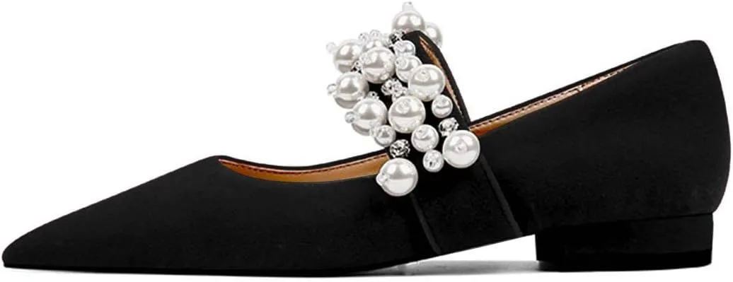 XYD Women's Pointed Toe Velvet Flats Pearl Strap Beaded Mary Janes Stylish Retro Party Dress Shoes
