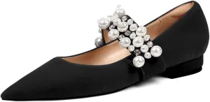 XYD Women's Pointed Toe Velvet Flats Pearl Strap Beaded Mary Janes Stylish Retro Party Dress Shoes