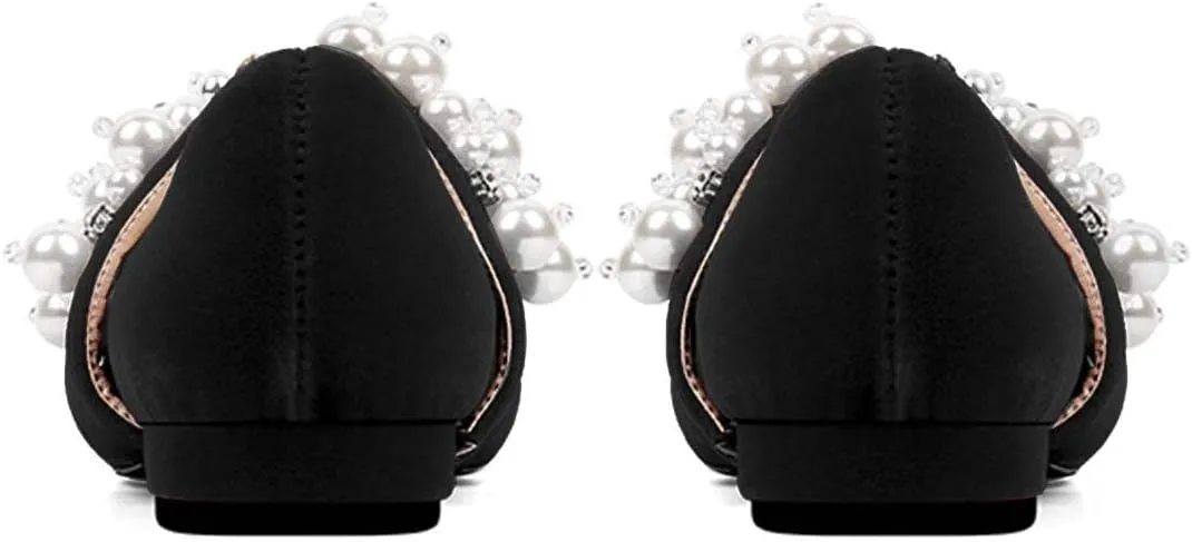 XYD Women's Pointed Toe Velvet Flats Pearl Strap Beaded Mary Janes Stylish Retro Party Dress Shoes
