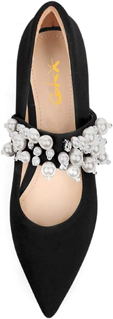 XYD Women's Pointed Toe Velvet Flats Pearl Strap Beaded Mary Janes Stylish Retro Party Dress Shoes