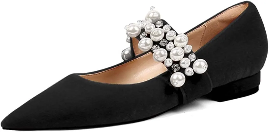 XYD Women's Pointed Toe Velvet Flats Pearl Strap Beaded Mary Janes Stylish Retro Party Dress Shoes