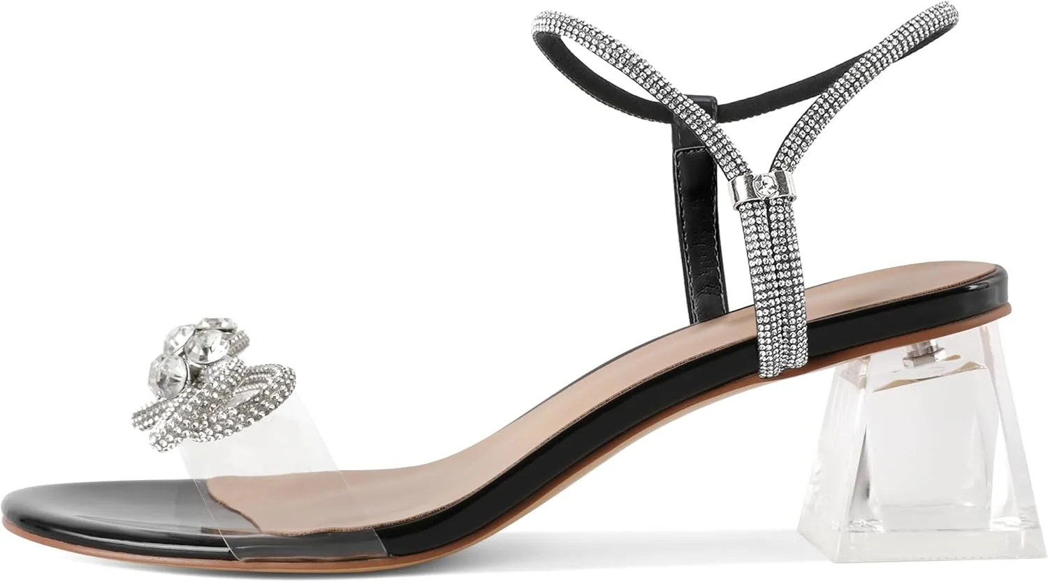 YODEKS Sparkly Rhinestone Bow Heels Women Clear Heels Sandals 2 Inch Low Heels Adjustable Ankle Strap Wedding Bridal Party Shoes