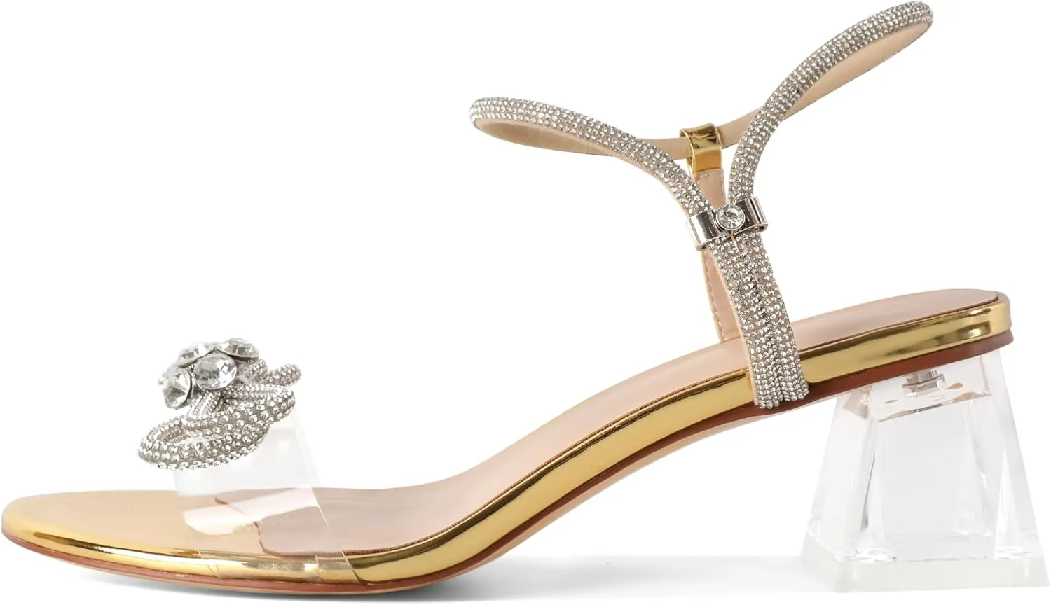 YODEKS Sparkly Rhinestone Bow Heels Women Clear Heels Sandals 2 Inch Low Heels Adjustable Ankle Strap Wedding Bridal Party Shoes