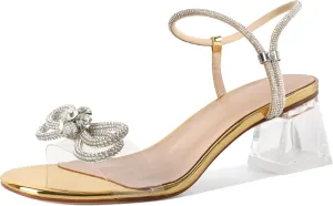 YODEKS Sparkly Rhinestone Bow Heels Women Clear Heels Sandals 2 Inch Low Heels Adjustable Ankle Strap Wedding Bridal Party Shoes