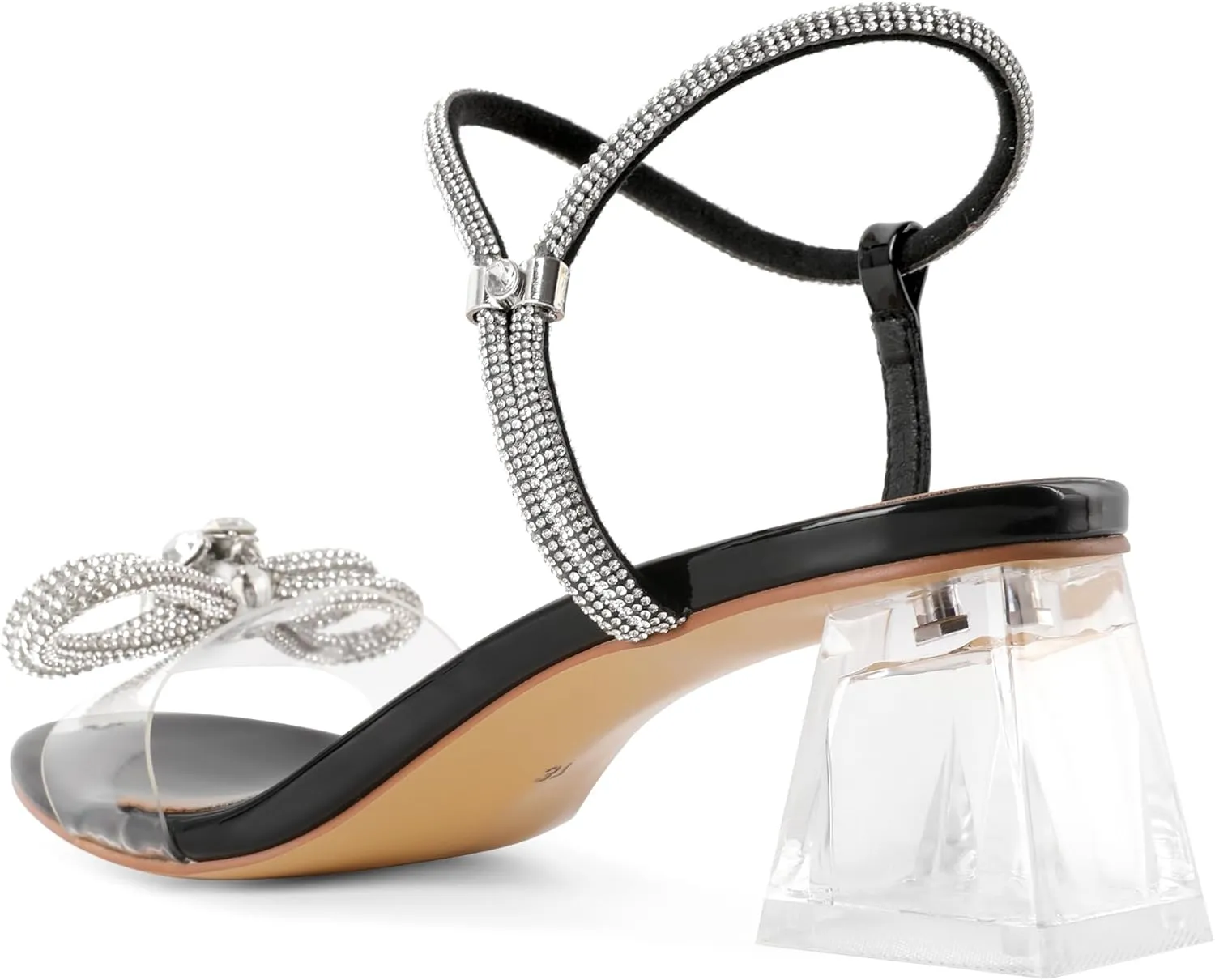 YODEKS Sparkly Rhinestone Bow Heels Women Clear Heels Sandals 2 Inch Low Heels Adjustable Ankle Strap Wedding Bridal Party Shoes